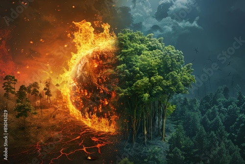 Intense visual metaphor of a burning Earth on one side and a thriving forest on the other, depicting urgent environmental warnings