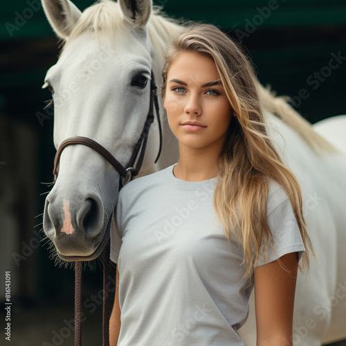Young woman standing with her horse in front of a horse stable, ai generative.