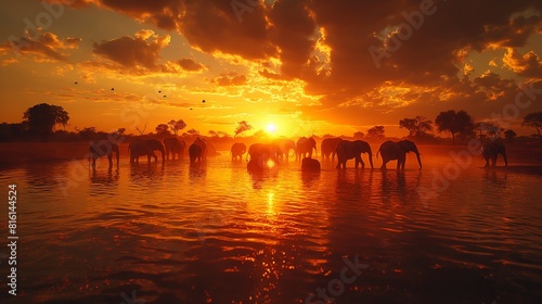 Nature documentary, elephants at a watering hole, African savanna, herd with playing calves, soft diffused daylight, birds in the sky created by ai