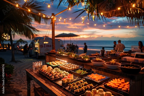 An opulent beachside celebration with food trucks offering a curated menu of gourmet delights such as sushi platters