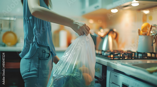 Woman placing garbage bag into empty trash bin in kitchen : Generative AI