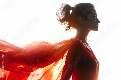 A confident girl in a superhero cape, cut out from the surroundings, separated from the background, without background. Concept of empowerment and bravery. Generative Ai.