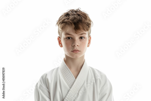 A determined boy in a karate gi, separated from the environment, extracted from the background, with no background. Concept of discipline and martial arts. Generative Ai.