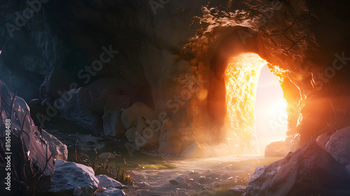 Christian Easter concept Jesus Christ resurrection Empty tomb of Jesus with light Born to Die Born to Rise He is not here he is risen Savior Messiah Redeemer Gospel Alive Miracle : Generative AI