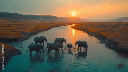 Nature documentary, elephants at a watering hole, African savanna, herd with playing calves, soft diffused daylight, birds in the sky created by ai