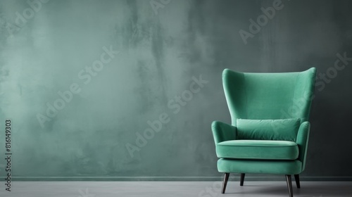 This image features a chic tufted armchair in a luscious shade of green against a large, textured wall