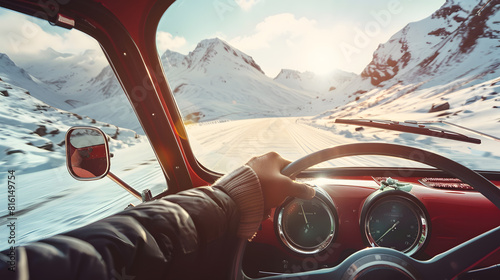 view from retro vintage car inside with part of interior gps screen with driver male hand on the steering wheel during bright snowy sunny day on straight ice road with snowy mountains : Generative AI