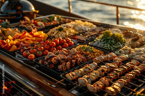 Premium beach grill with a spread of summer delicacies at a yacht party