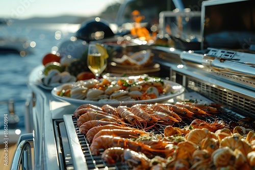 Premium beach grill with a spread of summer delicacies at a yacht party
