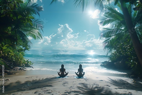 A couple enjoys a private yoga session on a secluded beach. Lush palm trees frame the scene, and the sound of gently lapping waves fills the air.