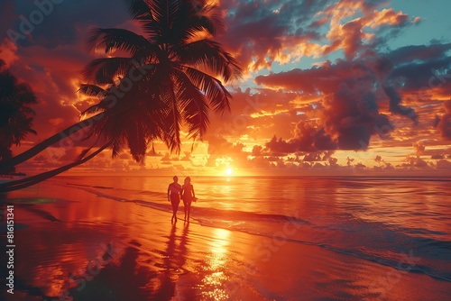 A couple enjoys a romantic sunset stroll on a white sand beach. Palm trees cast long shadows as the sky ignites with fiery hues.