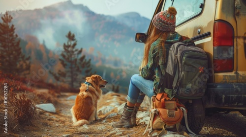 Beautiful young female travelers and her dog going on a trip by a minivan. Adventurous young woman with a pet. Hiking and trekking on a nature trail. hyper realistic 