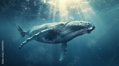 Humpback whale is swimming through camera. Close up shot of A Big Humpback whale is swimming beneath the surface of the water with sunlight rays. Scene with fish concept. 3D Render. hyper realistic 
