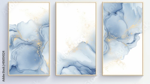 A set of three abstract wall art prints with a flowing blue design enriched with gold splashes
