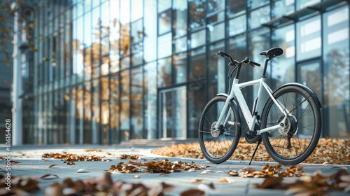 Modern electric white bicycle in front of the modern office glass building on sunny autumn day hyper realistic 