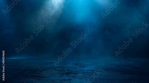 A dark empty street dark blue background an empty dark scene neon light spotlights The asphalt floor and studio room with smoke float up the interior texture night view : Generative AI