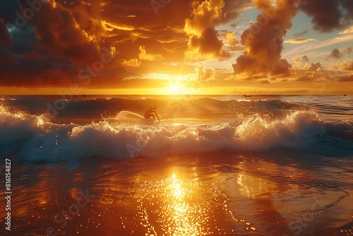 a golden sunset over a private beach with surfers riding crystal waves
