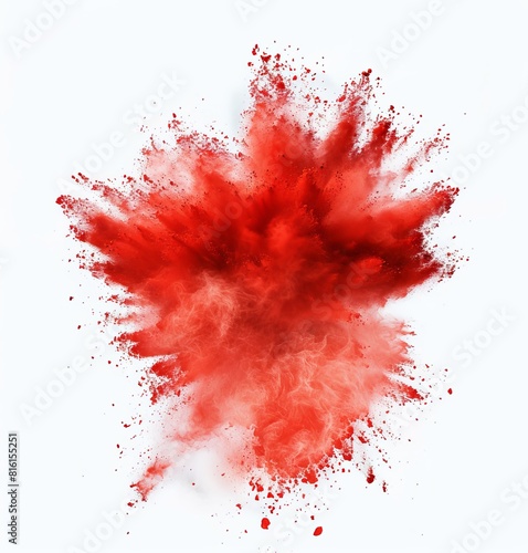 A spectacular image of a red powder explosion against a white background, representing energy and impact