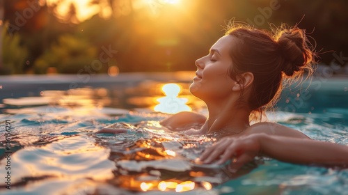 Woman Relaxing in Swimming Pool at Sunset