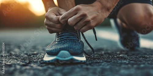 Close-Up of Runner Tying Laces on Blue Running Shoes, Sunset Workout