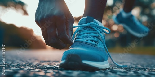 Close-Up of Blue Running Shoes Being Tied, Pre-Run Routine in Park