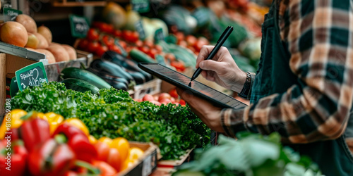 A man in an apron uses a digital tablet to take inventory or buy fresh vegetables at the market
