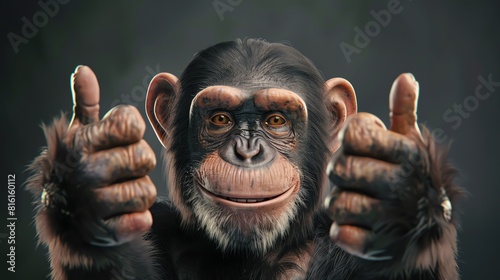 Photo of a chimpanzee giving a thumbs up. The chimpanzee is smiling and looking at the camera. The background is blurred.
