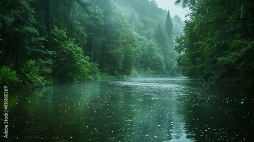 A peaceful forest river with raindrops creating a misty, serene atmosphere and reflections on the water.