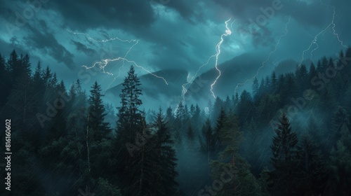 A dramatic forest landscape with dark clouds overhead and rain pouring down on ancient, towering trees.