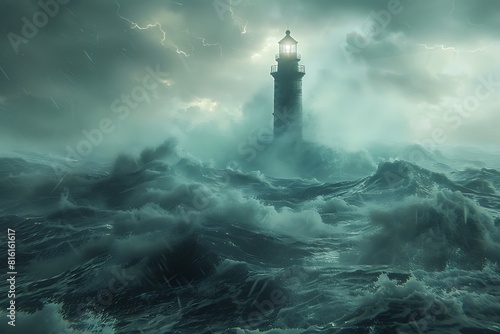 A lone lighthouse stands tall against the pounding waves, a beacon of hope amidst the chaos of summer storms.