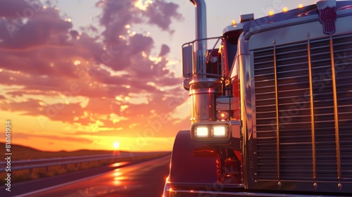 A close-up of a semi truck's front grill driving down the highway at sunset, highlighting its power and strength a reliable workhorse. AI Generative. hyper realistic 