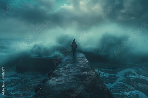 A solitary figure stands on the pier, gazing out at the turbulent sea, lost in the contemplation of summer's power.