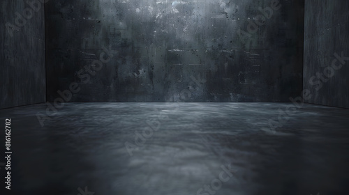 Wide dark concrete studio room background with low lighting for product display or mock up design empty three dimensional concrete room backdrop : Generative AI