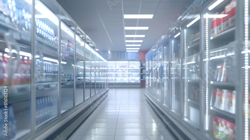 Empty supermarket aisle with freezers showcases with different products : Generative AI
