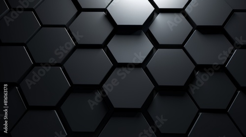 Selective focus on a section of 3D black hexagonal tiles with a modern and sleek design emphasizing textures