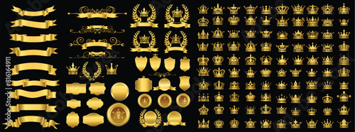 Golden crown emblem, badges, labels, shields and ribbons vector Set +160 elements 