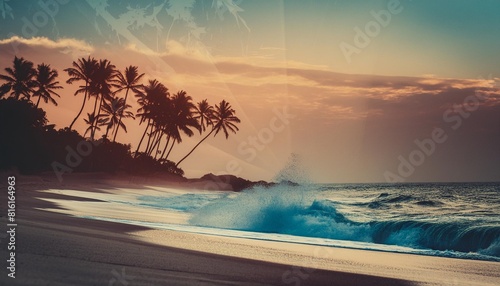tropical island paradise vintage poster background with palms and sea waves