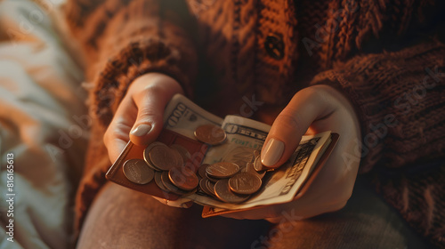 Closeup of womans hands with empty wallet and utility bills The concept of rising prices for heating Many utility bills coins and hands in a warm sweater holding an open wallet : Generative AI