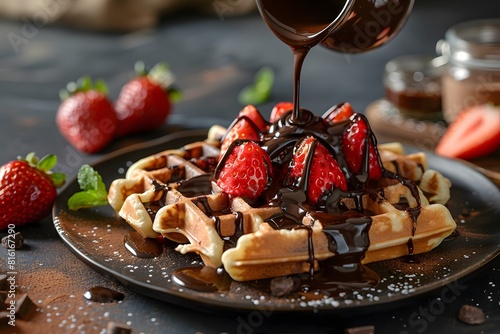 Chocolate syrup pouring on waffle with strawberries and chocolate