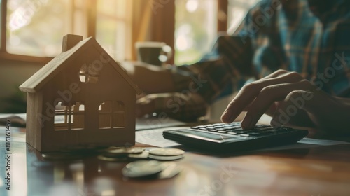 Hand presses calculators, pondering home refinance. Wooden house model, buy or rent note on desk. Saving for property purchase, mortgage payment strategy. Tax, credit analysis for financial success. 