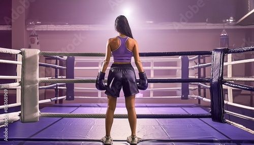 Female boxer wearing gloves in a boxing ring inside a purple room