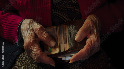 The hands of an elderly woman with an empty wallet and a lot of utility bills Pensioner and payment of utilities for heating electricity gas : Generative AI