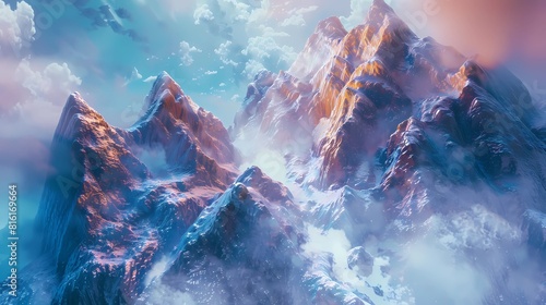 Fantasy alien planet, Mountain with snow, Generative AI illustrations.