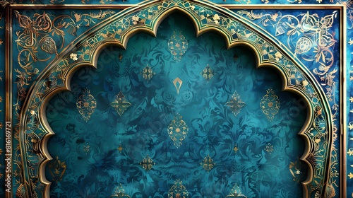 Blue vintage background with golden ornament and arabesque, Generative AI illustrations.