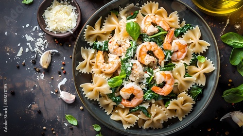 Pasta fusilli with shrimps, spinach and parmesan, Generative AI illustrations.