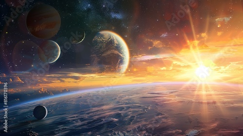 Sunrise over group of planets in space