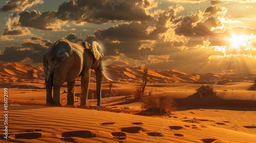 Bathed in the golden hour light, an elephant ambles across a desert with dunes creating dramatic shadows in the sand