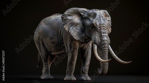An African elephant is rendered artistically, focusing on texture and form within a play of light and shadows