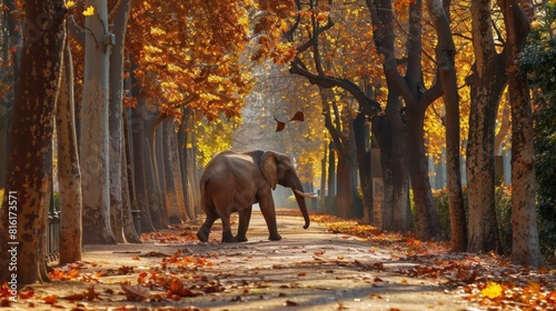 A charismatic lonely elephant takes a stroll in a dreamlike autumnal landscape