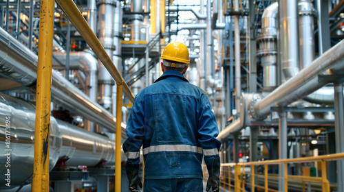 An engineer stands at an oil refinery with a tablet in his hands and compares data. A worker stands at a factory in overalls and a protective helmet.